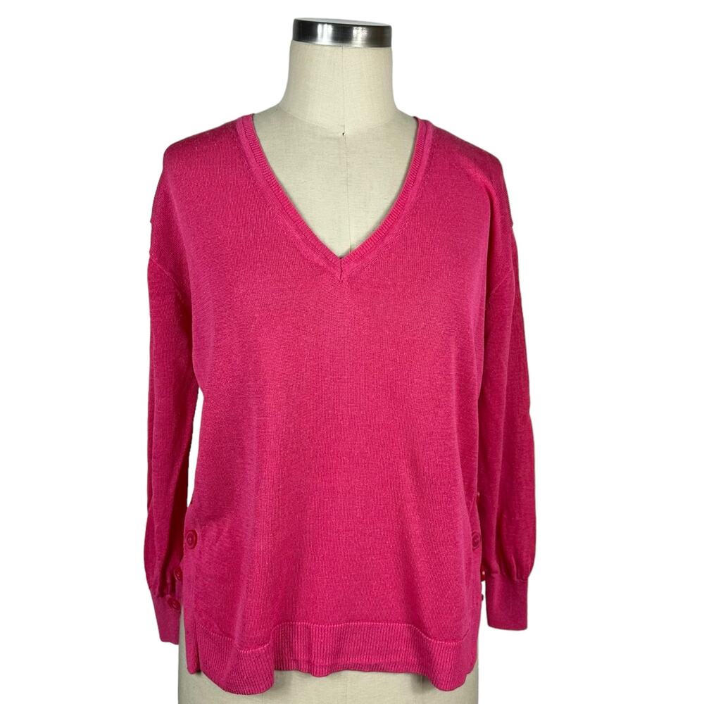 J CREW Neon Pink V-Neck Sweater‎ Side Buttons Linen Blend Women's Size Medium